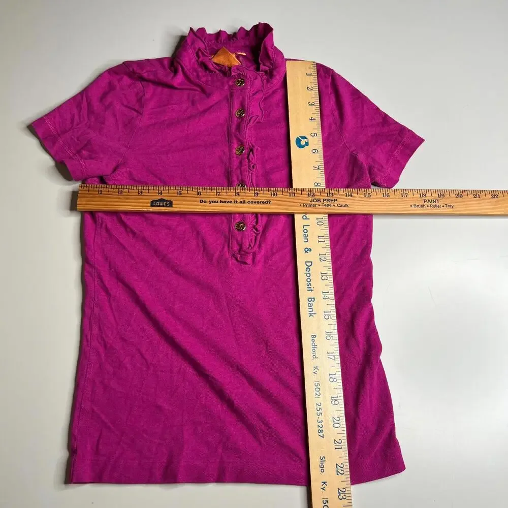 Tory‎ Burch Womens Polo Shirt Small Pink Ruffle Button Placket Pima Cotton Blend